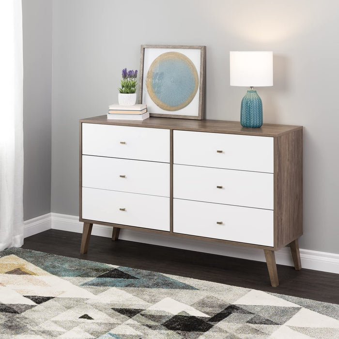 Brown/White Mid-Century 6 Drawer Dresser