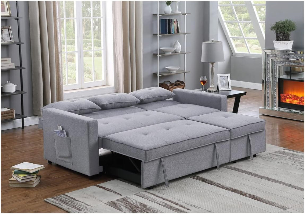 Gray Linen Convertible Sofa with Side Pocket