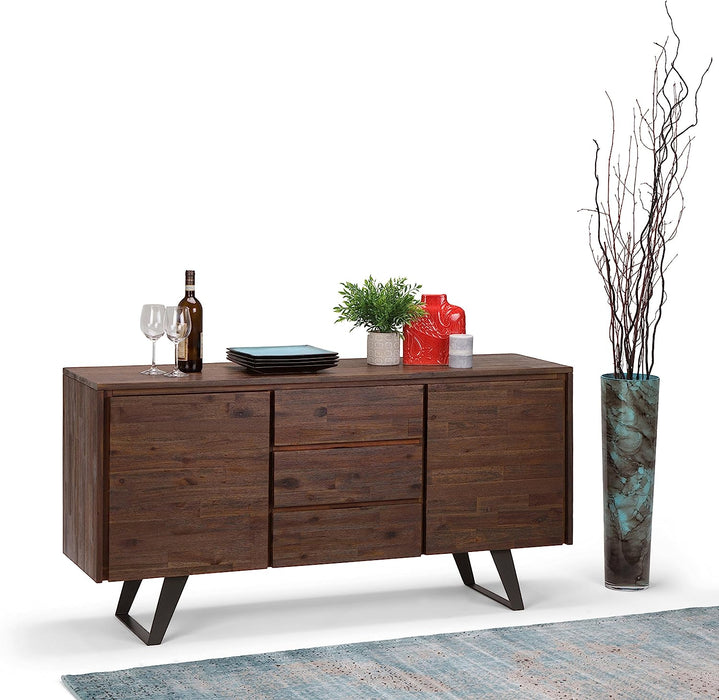 Lowry SOLID ACACIA WOOD 60 Inch Modern Industrial Sideboard Buffet and Wine Rack