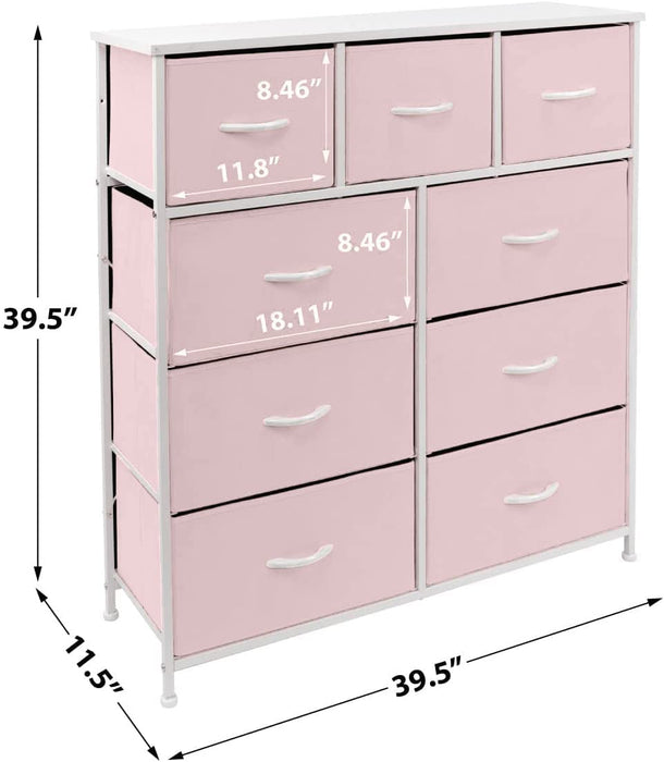 Solid Pink 9-Drawer Dresser with Fabric Bins