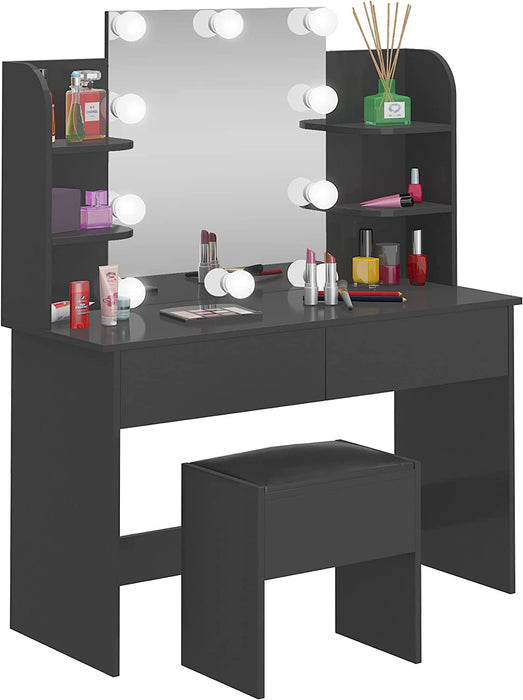 Black Vanity Table Set with Lighted Mirror