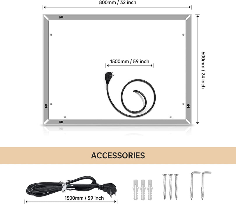 LED Wall Mounted Bathroom Mirror, Anti-Fog