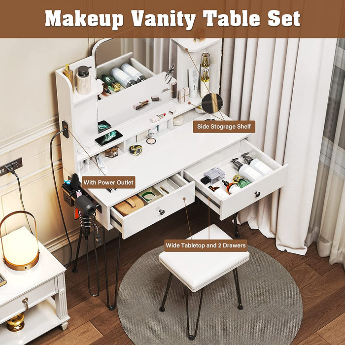 White Makeup Vanity Set with Power Strip