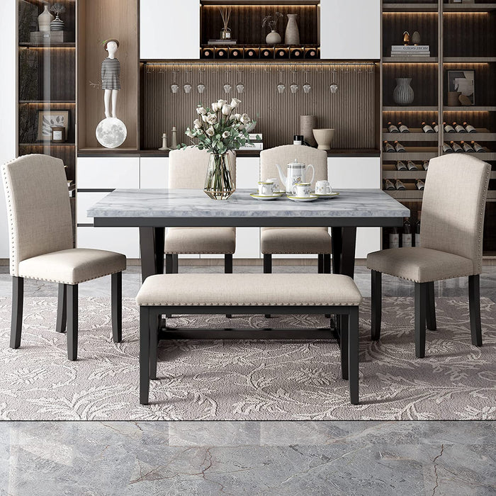 Faux Marble 6 Piece Dining Table Set with Thicken Cushion Chairs and Bench