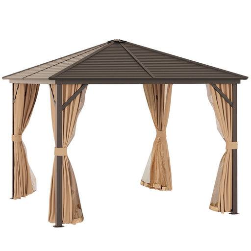 Outsunny 10' X 10' Hardtop Gazebo Canopy with Galvanized Steel Roof, Aluminum Frame, Hook, Outdoor Gazebo with Netting and Curtains for Patio, Garden, Backyard, Deck, Lawn, Light Brown