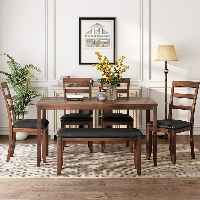 6 Piece Wooden Dining Table Set for 4-6 with Bench and Chairs