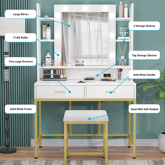 White Vanity Desk Set with Lighted Mirror