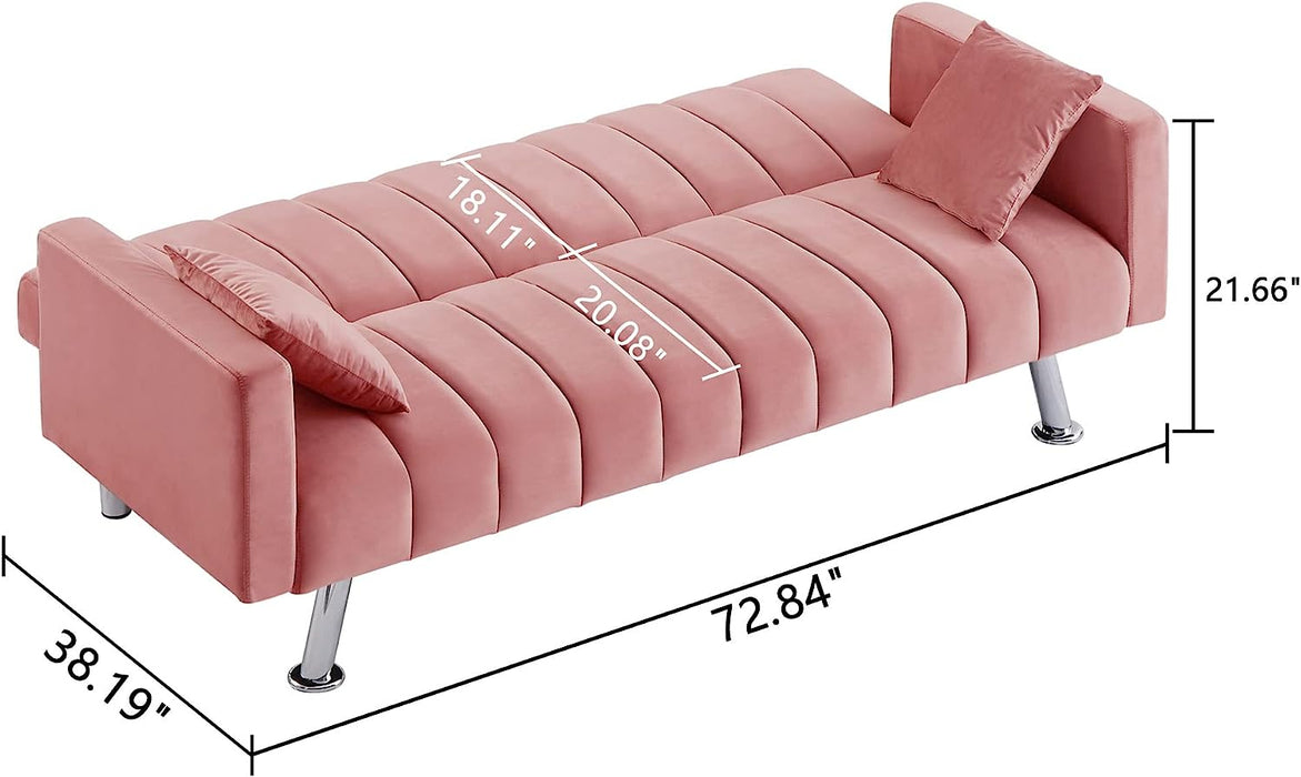 Pink Velvet Sofa Bed with 2 Pillows