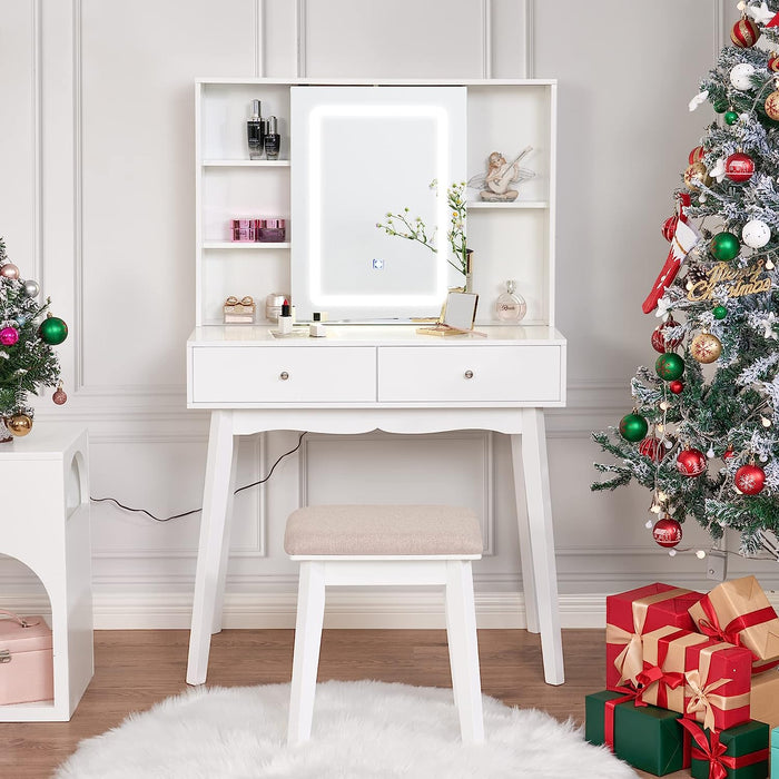 White Vanity Desk with Mirror, Lights, and Drawers