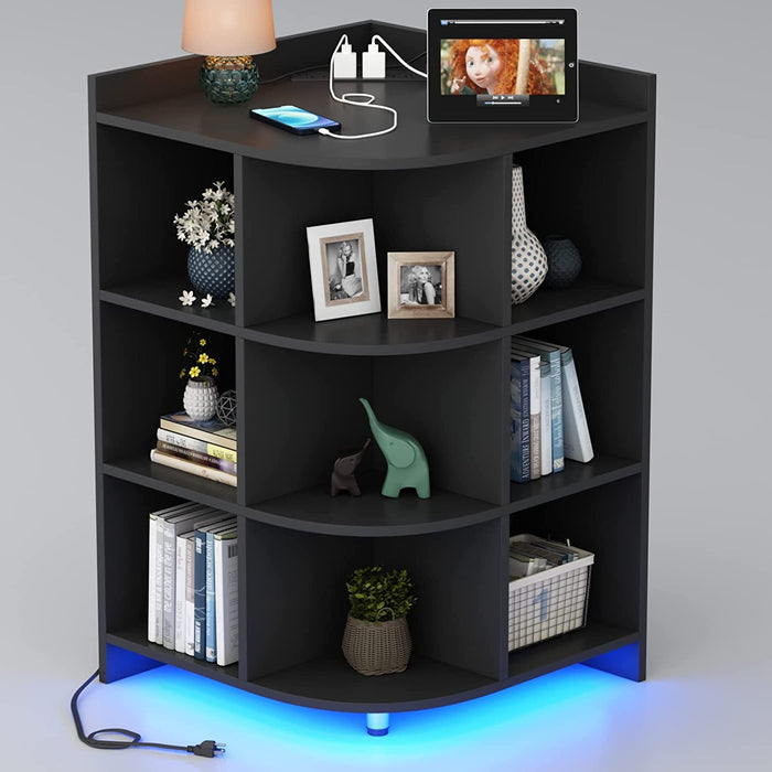 Black Corner Cabinet with Charging, Lights, and Storage