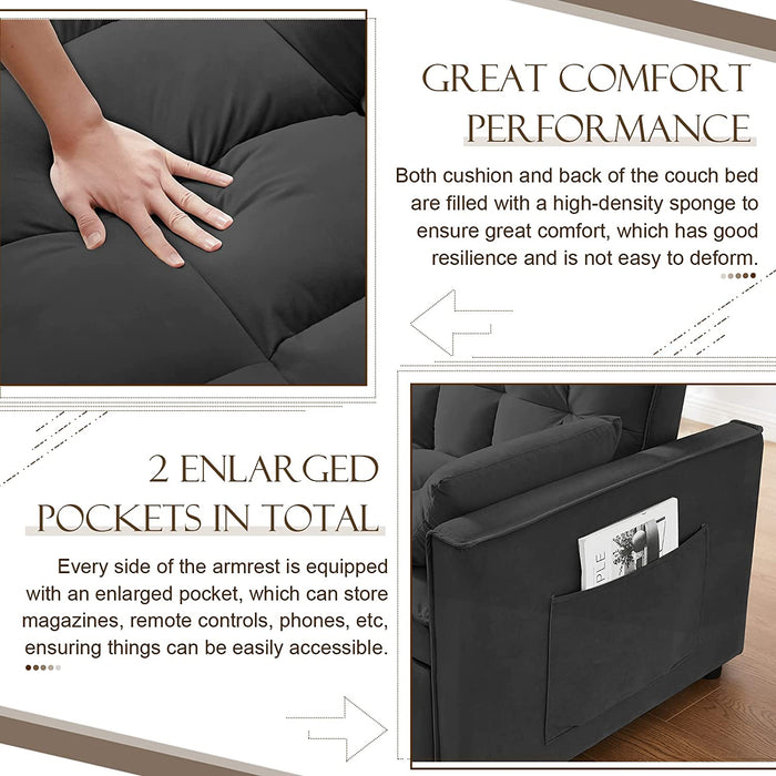 Modern Black Velvet Sofa Bed with Adjustable Backrests