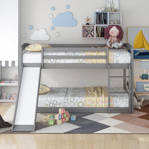 White Low Bunk Bed with Slide and Guardrail