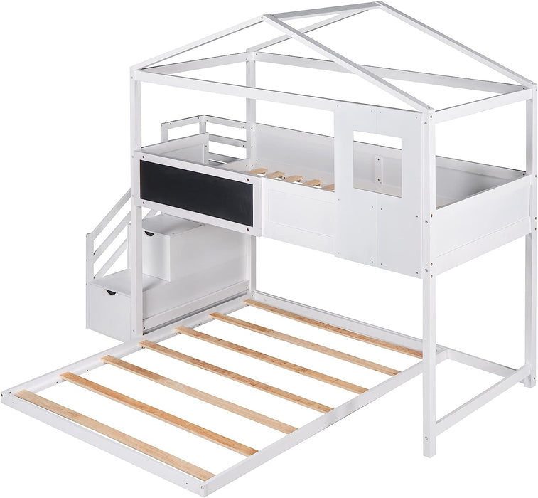 House Bunk Bed Twin over Full, Storage Staircase, Blackboard