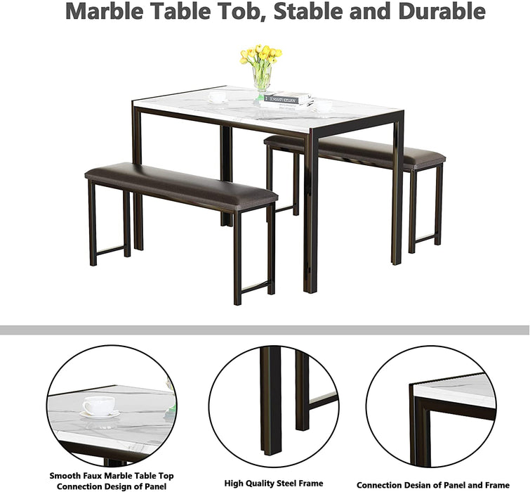 3 Pieces Dining Room Table Set with Faux Marble Top Table and 2 PU Leather Upholstered Benches
