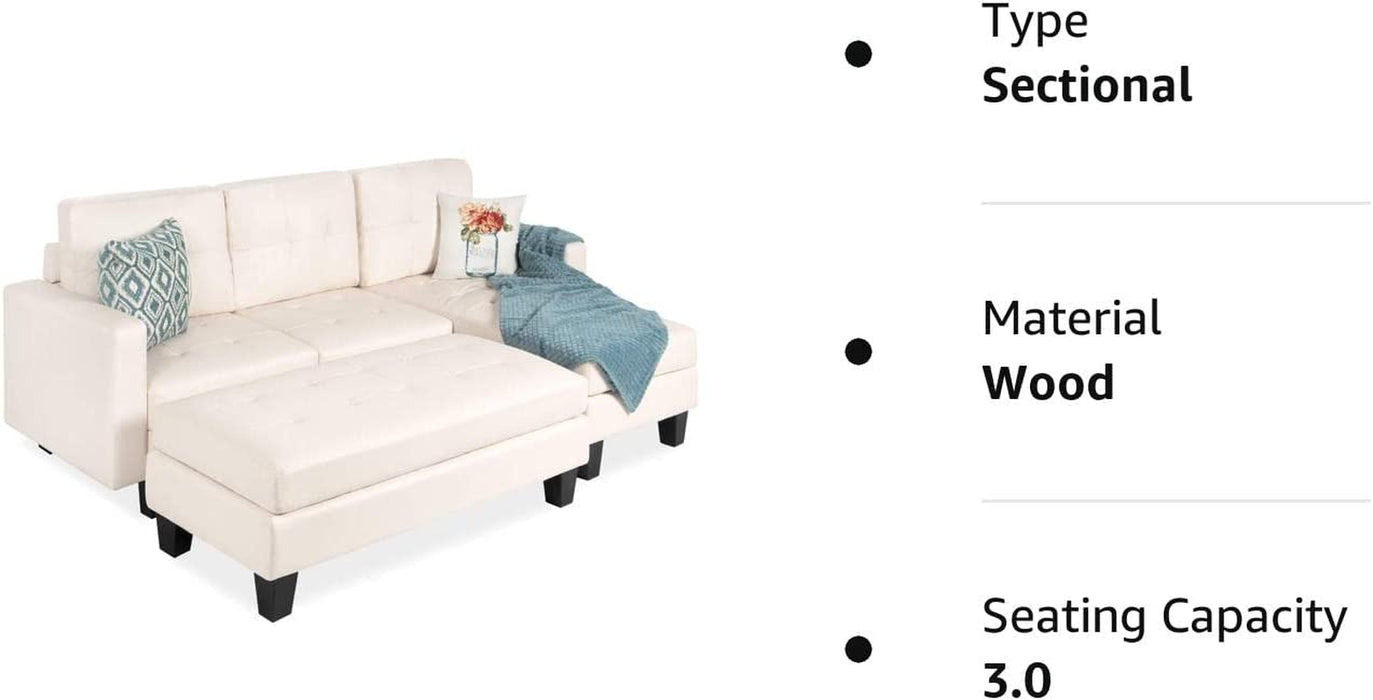 White L-Shape Sectional Sofa Set with Ottoman