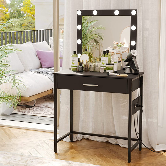 Black Vanity Desk with Lighted Mirror, Charging Station