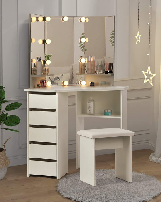 Vanity Desk Set with Lighted Mirror & Shelves