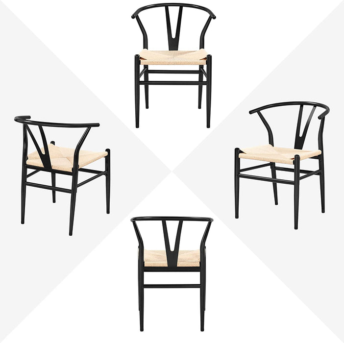 Set of 4 Black Hemp Seat Mid-Century Metal Dining Chairs