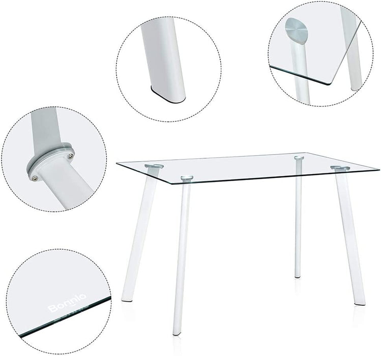 Modern White Dining Room Table Set for 4, Glass Top
