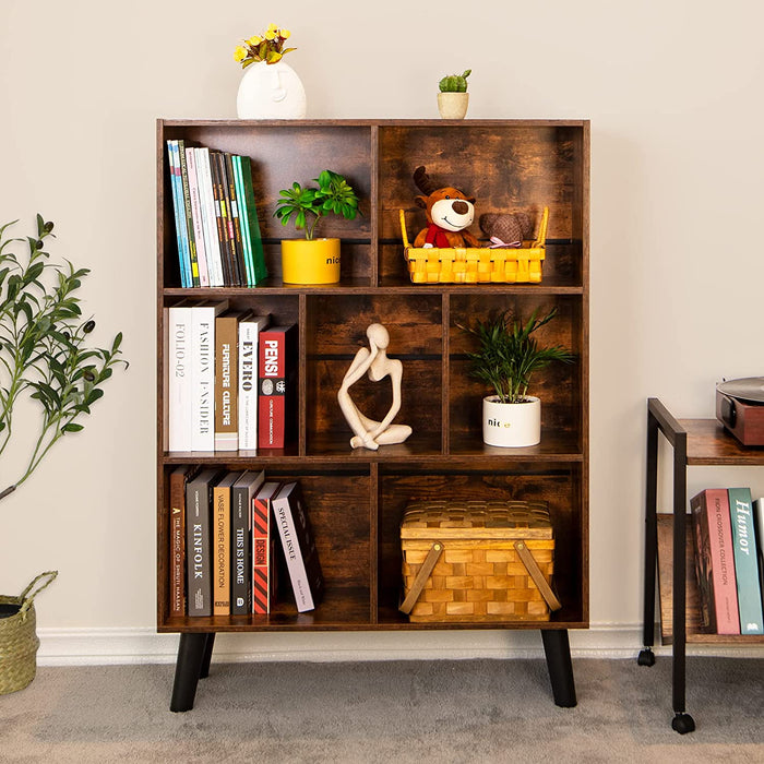 Rustic 3-Tier Bookshelf with Mid-Century Modern Design