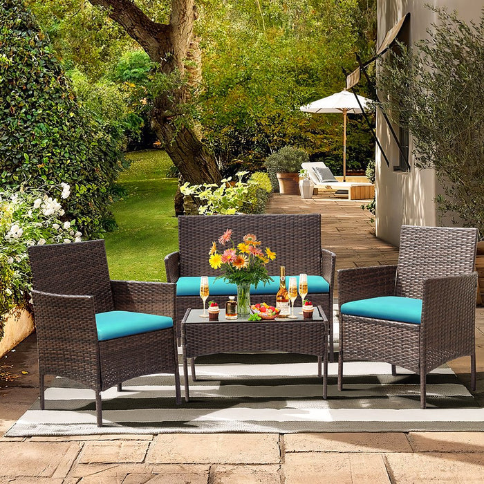 4 Piece Outdoor Patio Furniture PE Rattan Wicker Table and Chairs Set with Cushions, Blue