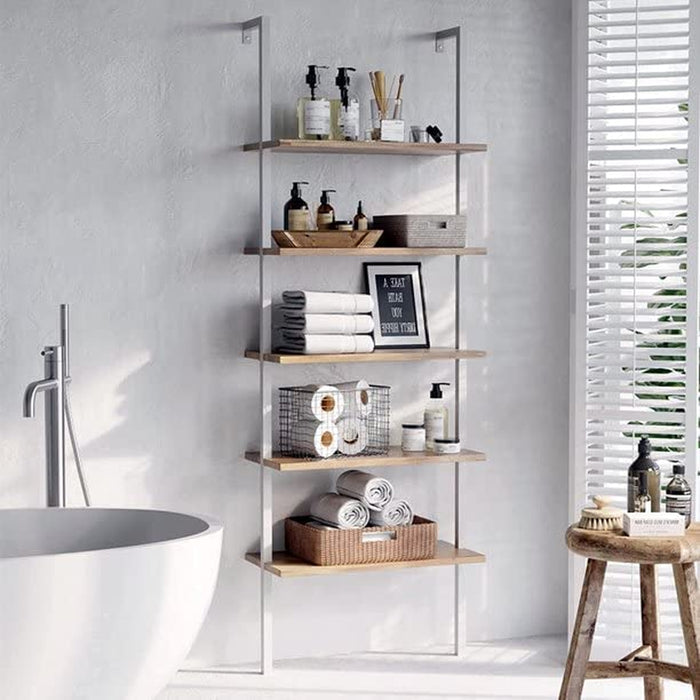 5-Tier Oak Ladder Shelf with Metal Frame