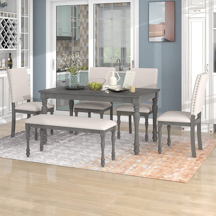 French Style 6-Piece Dining Table Set with Bench, Gray