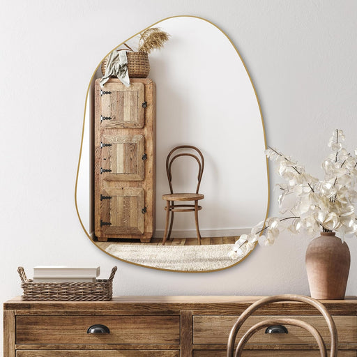 Irregular Wall Mirror Asymmetrical Mirror, Golden Wood Framed Mirror for Bathroom Bedroom Living Room Entryway, Decorative Modern Wall Decor (Gold, 32''X24'')