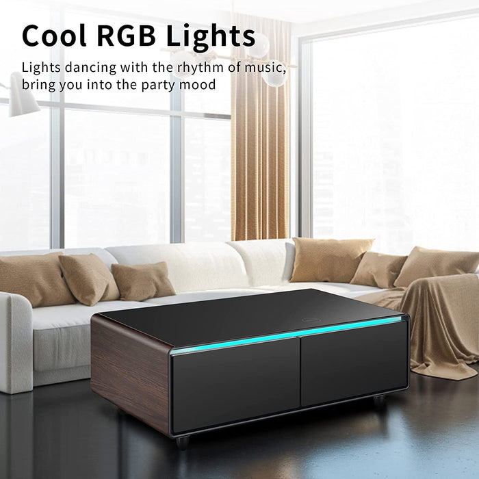 Brown Smart Coffee Table with Fridge, Speakers, and Outlets