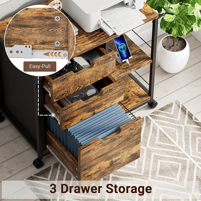 Rustic Brown 3-Drawer File Cabinet with USB