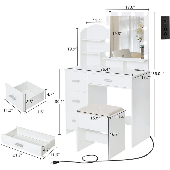 White Vanity Desk with Lighted Mirror and Charging Station