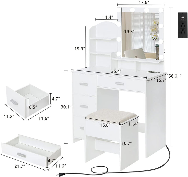 White Vanity Desk with Lighted Mirror and Charging Station