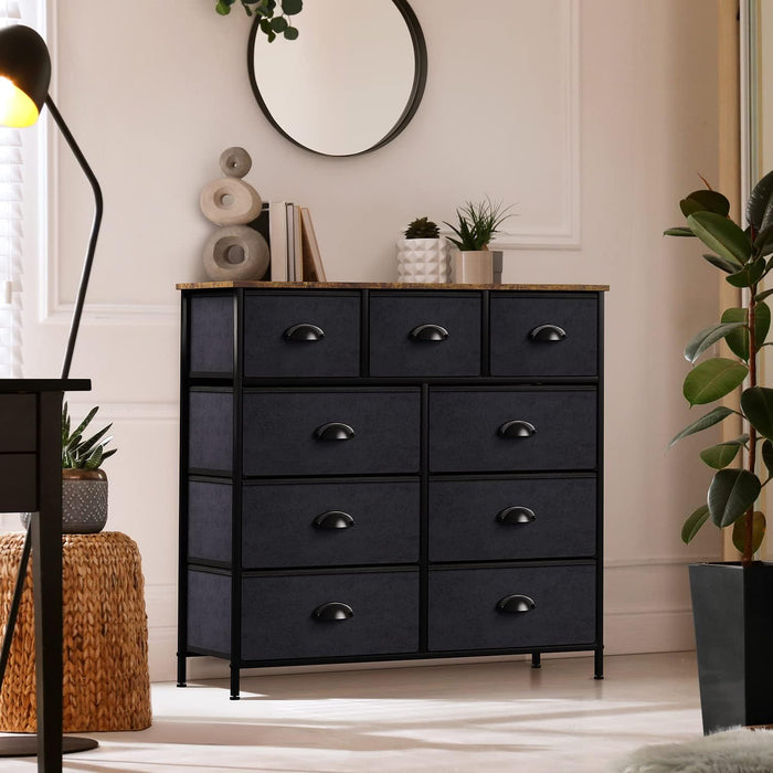 Steel & Wood 9-Drawer Dresser with Black/Wood Bins