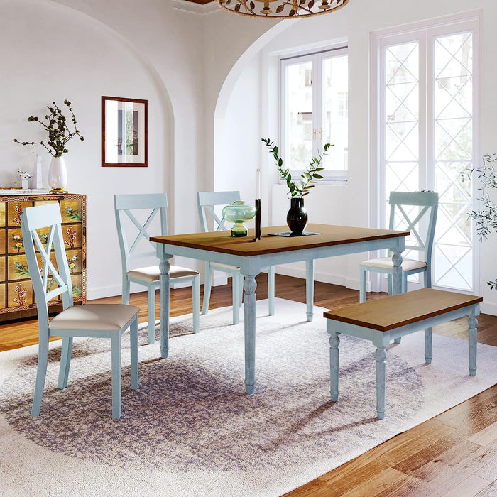 Walnut Top Dining Table Set with Bench and Chairs