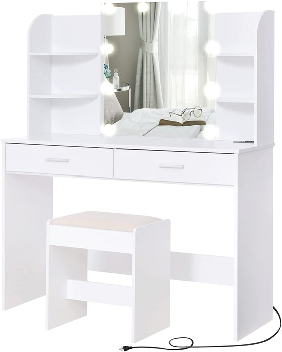 Large Vanity Set with Lighted Mirror, Charging Station (White)