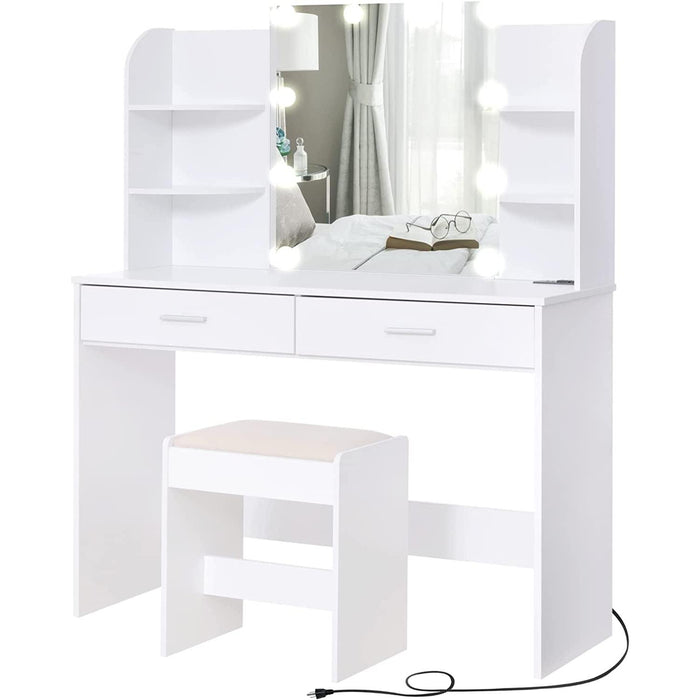 Large Vanity Set with Lighted Mirror, Charging Station (White)