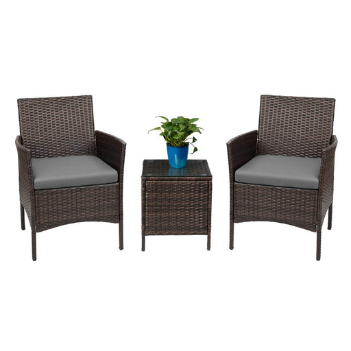 3 Pieces Outdoor Patio Furniture PE Rattan Wicker Table and Chairs Set Bar Set with Cushioned Tempered Glass (Gray) 2