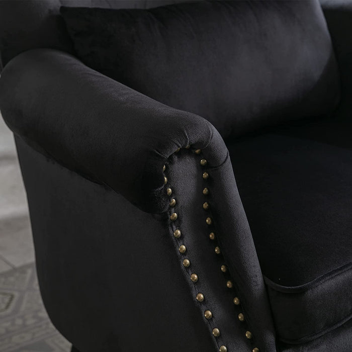 Black Velvet Wingback Chair with Ottoman Set