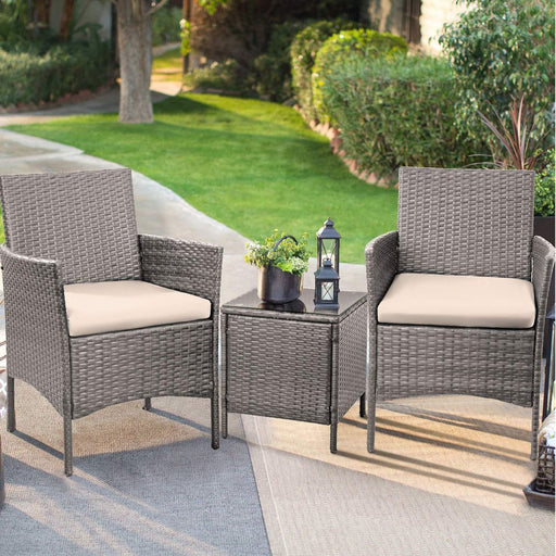 3 Pieces Outdoor Patio Furniture Gray PE Rattan Wicker Table and Chairs Set Bar Set with Cushioned Tempered Glass (Grey / Beige) 2