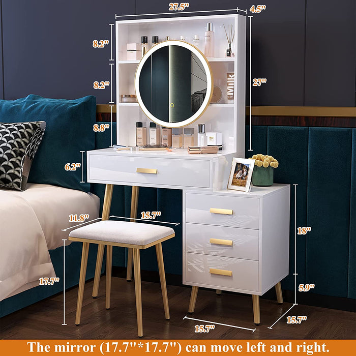 White Vanity Desk with Mirror and Lights, 5 Drawers