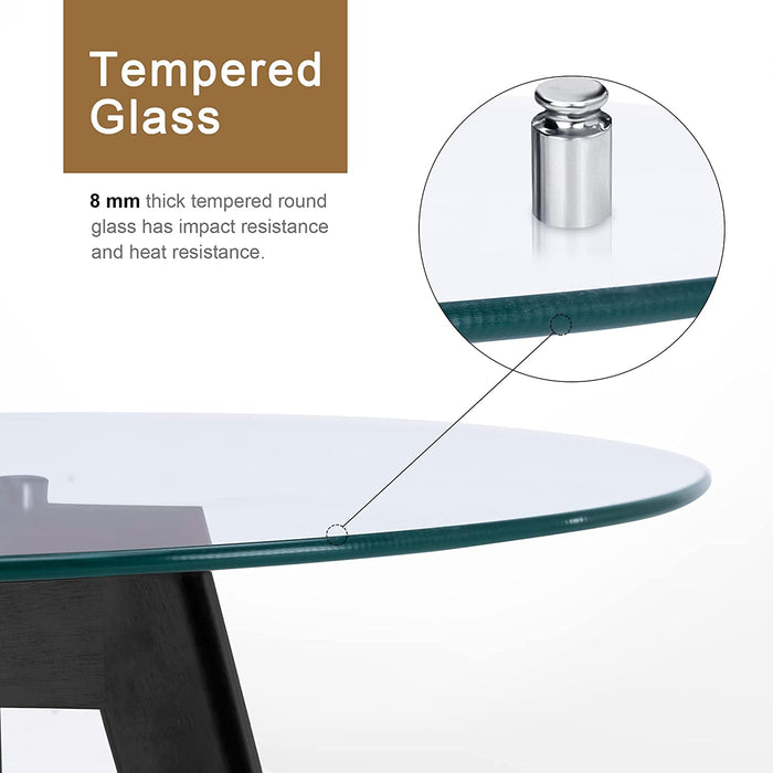 Modern Glass Dining Table with Wood Legs, Black