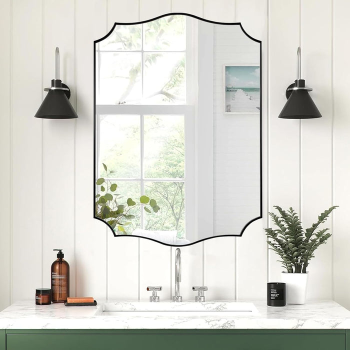 Black Bathroom Vanity Mirror, 22X30 Irregular Wall Mirror, Scalloped Wall Mirror in Stainless Steel Metal Frame, Asymmetrical Mirror for Bathroom, Bedroom, Living Room, Mantel