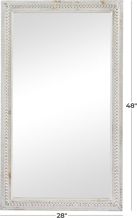 Wood Carved Beaded Wall Mirror, 28" X 1" X 48", White