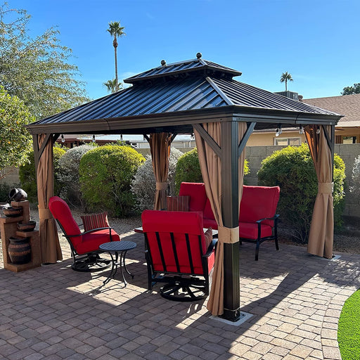 10' X 12' Hardtop Gazebo Canopy for Patio Deck Backyard Heavy Duty outside Sunshade with Netting and Curtains Outdoor Permanent Metal Pavilion