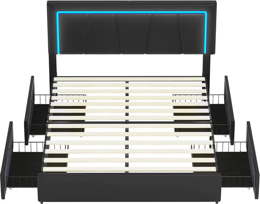 Black Queen Platform Bed Frame W/ Storage Drawers and LED Lights