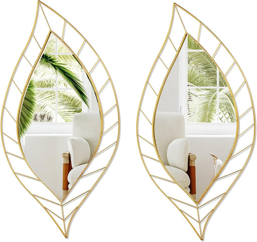 2 Pack Wall Mirrors 36 X 18 Inch Decorative Leaf Mirror Artistic Modern Mirror Leaves Shaped Mirrors Decor for Living Room, Bedroom, Bathroom, Farmhouse, Vanity, Apartment Home (Gold)