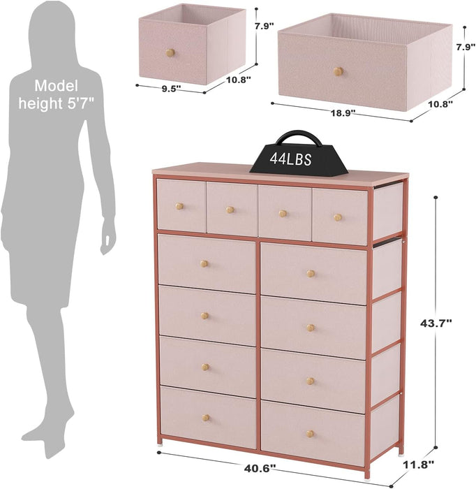 Pink Fabric 12-Drawer Tall Bedroom Dresser