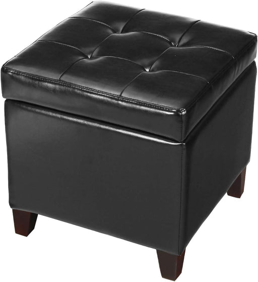 Black Bonded Leather Tufted Cube Footstool with Storage