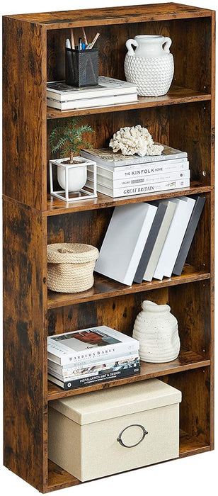 Rustic Brown 5-Tier Bookshelf with Adjustable Shelves