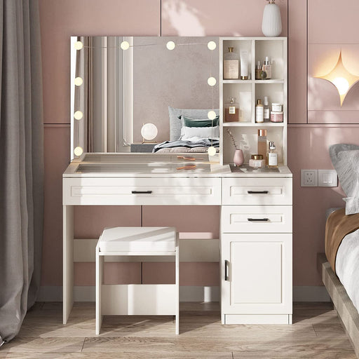 White Vanity Table Set with Glass Top